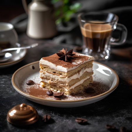 Piece of tiramisu cake and cup of coffee on dark backgroundの素材