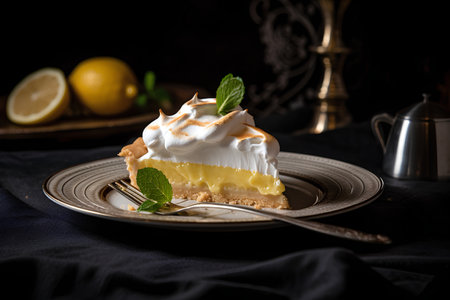 Lemon meringue pie on a dark background, selective focus.の素材