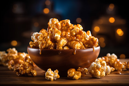 Caramel popcorn in a wooden bowl on a dark background. Selective focus.の素材