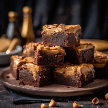 Homemade chocolate brownies with caramel and peanuts on a dark backgroundの素材