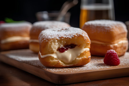 Delicious donuts with cream and raspberries on wooden tableの素材