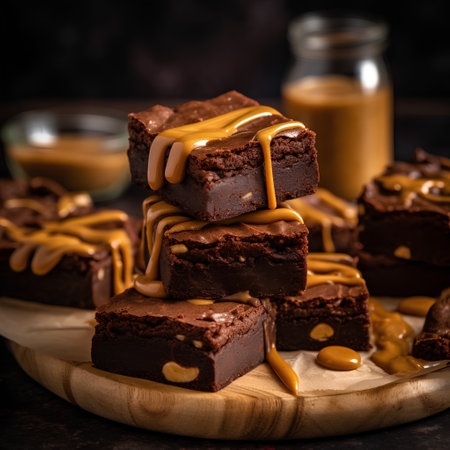 Chocolate brownies with caramel sauce on a wooden board. Selective focus.の素材