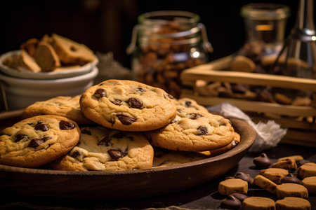 Chocolate chip cookies in a wooden bowl on a dark background.の素材