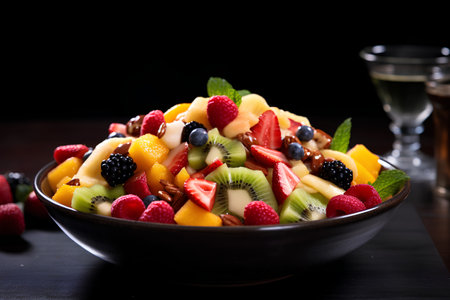 Fresh fruit salad in a bowl on a black background. Selective focus.の素材