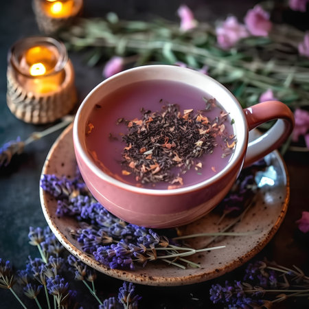 Cup of lavender tea with fresh lavender flowers on dark backgroundの素材