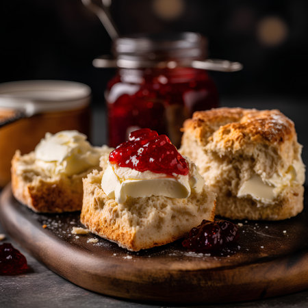 Scones with butter and jam on a wooden board, selective focusの素材