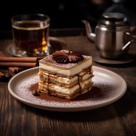 Piece of tiramisu cake on plate with cup of coffee on wooden backgroundの素材