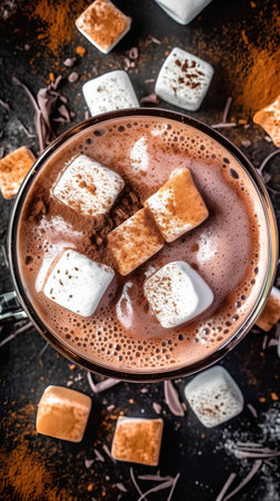 Hot chocolate with marshmallows and cocoa powder on a dark backgroundの素材