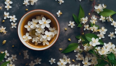 Cup of herbal tea with jasmine flowers on dark backgroundの素材
