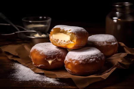 sweet donuts with condensed milk and icing sugar on a wooden tableの素材