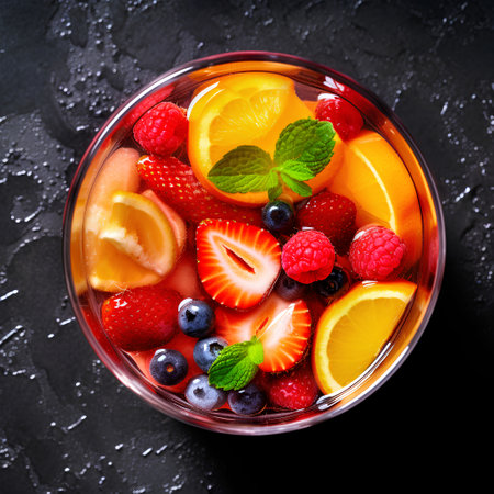 Refreshing summer cocktail with fruits, berries and mint. Top viewの素材