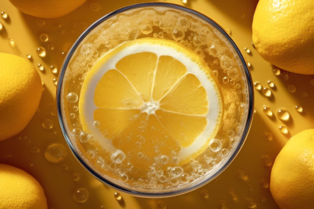 Glass of lemonade with lemon slice on yellow background, top viewの素材