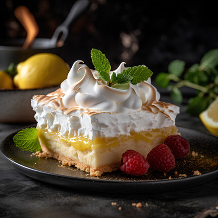 Lemon meringue pie with fresh raspberries and mint, squareの素材