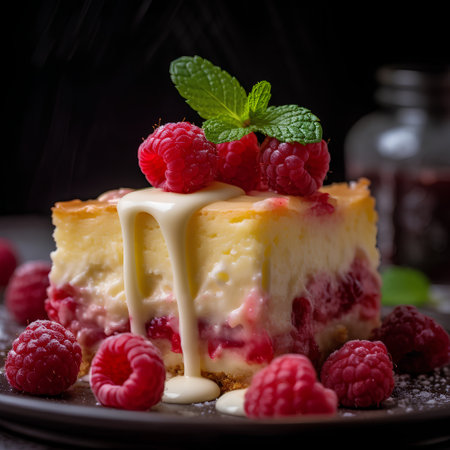 Cheesecake with raspberries and mint, selective focus.の素材