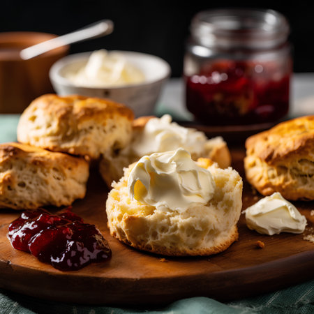 Scones with butter and jam on a wooden board, verticalの素材