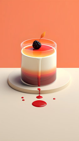 3d illustration of a panna cotta with blackberry and red syrupの素材