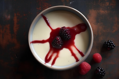 Panna cotta with fresh raspberries and blackberries in a bowlの素材