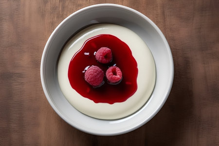 Panna cotta with raspberries in a bowl on wooden backgroundの素材