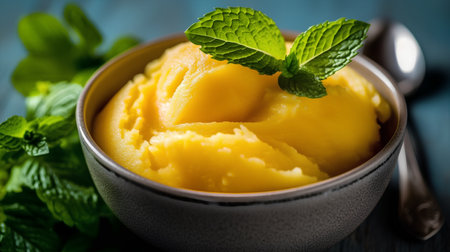Mango ice cream in bowl on wooden background. Selective focus.の素材