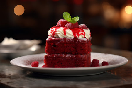 Red velvet cake with raspberries and whipped cream, selective focusの素材