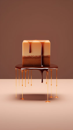 3d rendering of a piece of chocolate cake with caramel glazeの素材