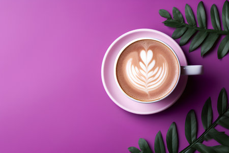 Cup of cappuccino with latte art on purple backgroundの素材