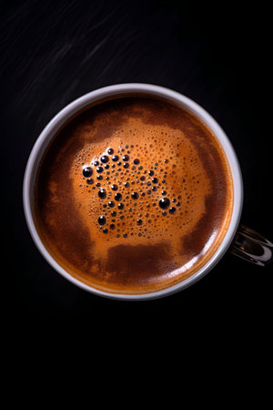 Coffee cup on black background, top view, copy spaceの素材