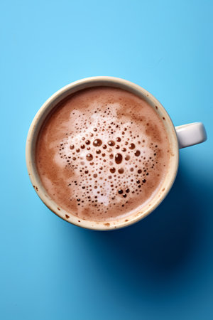 Cup of hot chocolate on blue background, top view, copy spaceの素材