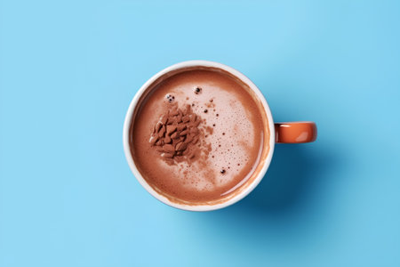 Cup of hot chocolate on blue background, top view, copy spaceの素材
