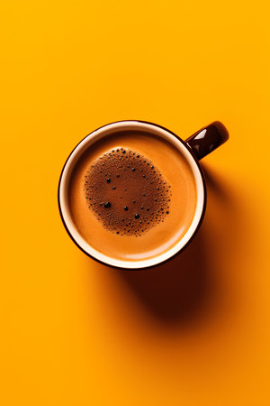 Cup of coffee on orange background. Flat lay, top view.の素材
