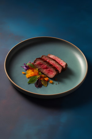 Sliced wagyu beef steak on blue plate with vegetables.の素材