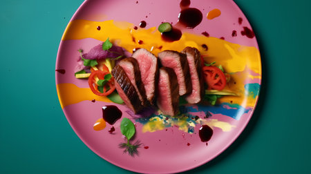 Sliced roast beef on colorful plate with sauce on green backgroundの素材