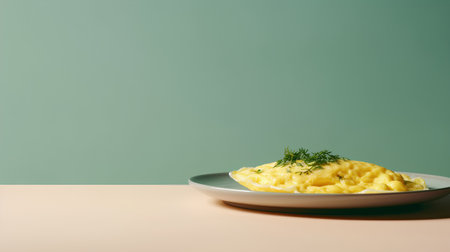 Scrambled eggs on a plate with dill on a green backgroundの素材