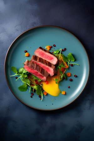 Sliced beef steak with arugula and pomegranate sauce as top view on a modern design plateの素材