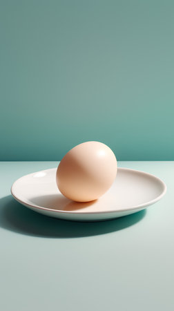 One egg on a white plate on a blue background. 3d renderの素材