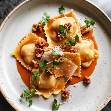 Ravioli with tomato sauce and walnuts on plate, closeupの素材