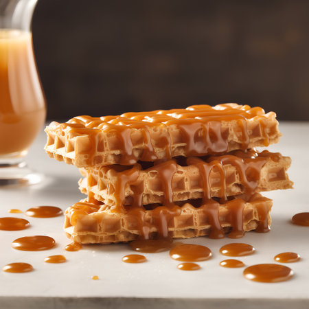 Tasty waffles with caramel sauce on a white marble table.の素材