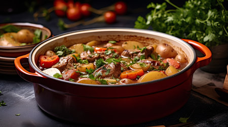 Beef stew with potatoes and vegetables in a red pot on a black backgroundの素材