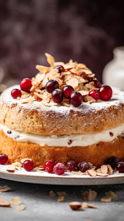 Cake with cranberries and almonds on a dark background. Selective focus.の素材