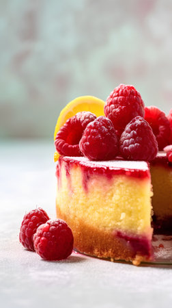 Cheesecake with raspberries and lemon on a light backgroundの素材