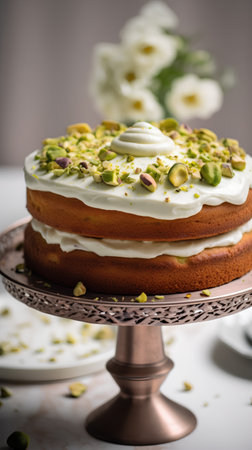 Pistachio cake with cream and pistachios on a standの素材