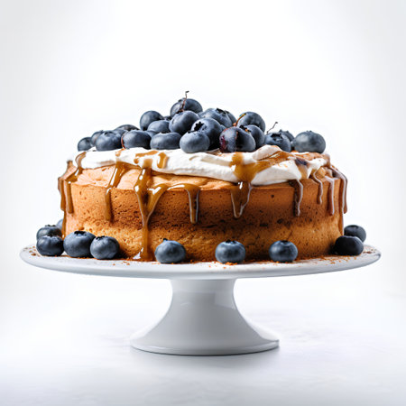 Piece of cake with blueberries and caramel on a white backgroundの素材