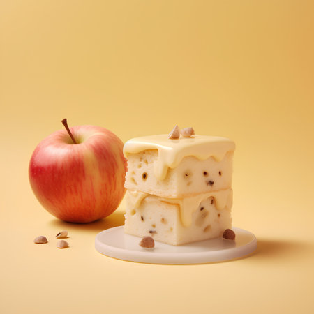 Cake with cream and apple on a yellow background. 3d renderingの素材