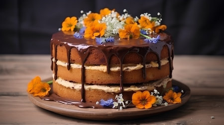 Chocolate cake decorated with flowers on a wooden table. Toned.の素材