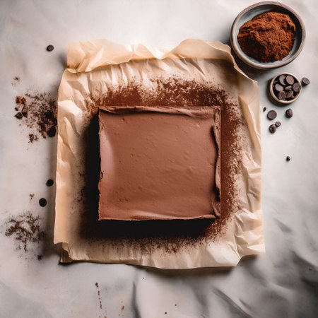 chocolate cake with cocoa powder on a baking paper, top viewの素材