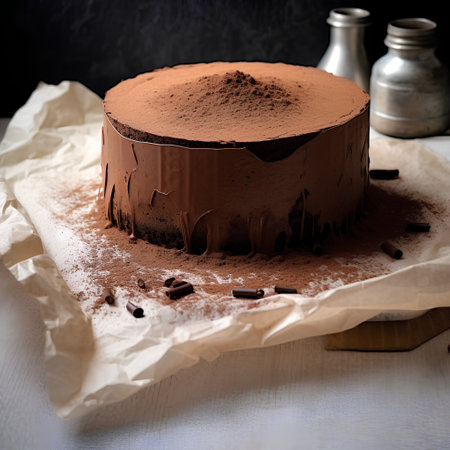 Chocolate mousse cake with cocoa powder on a black background.の素材