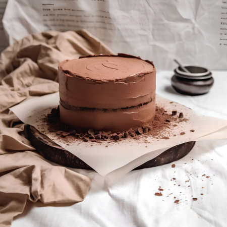 Chocolate mousse cake on a wooden stand. Toned.の素材