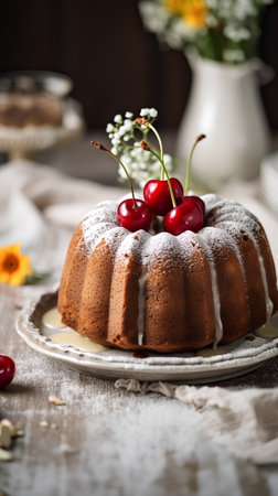 Chocolate bundt cake with cherries and icing sugar. Selective focus.の素材