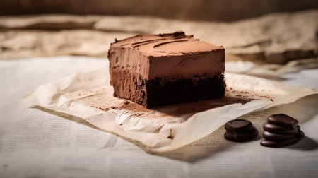 Chocolate cake with cocoa powder on paper background. Toned.の素材