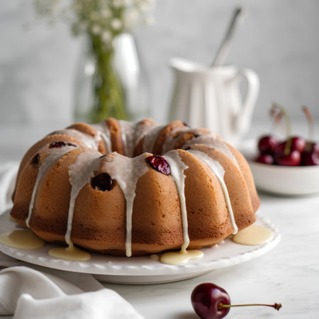 Cherry bundt cake with vanilla frosting, selective focus.の素材
